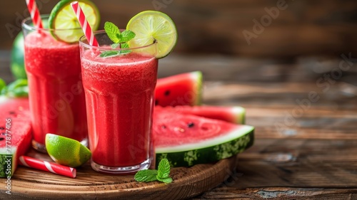 Refreshing watermelon smoothie with lime slice - Vibrant red watermelon smoothie in a glass garnished with mint leaves and a slice of lime  wooden background