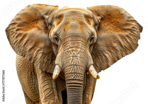 A large elephant with a wrinkled face and tusks, cut out - stock png.