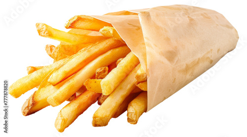 A bag of french fries is in a paper bag, cut out - stock png.