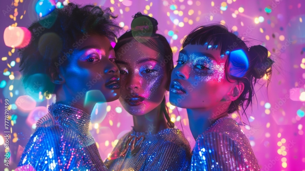 In front of the Cosmic Nebula backdrop models are seen wearing bold and daring makeup with metallic finishes and holographic accents. . . In front of the Cosmic Nebula backdrop models are seen wearing bold and daring makeup with metallic finishes and holographic accents. . .