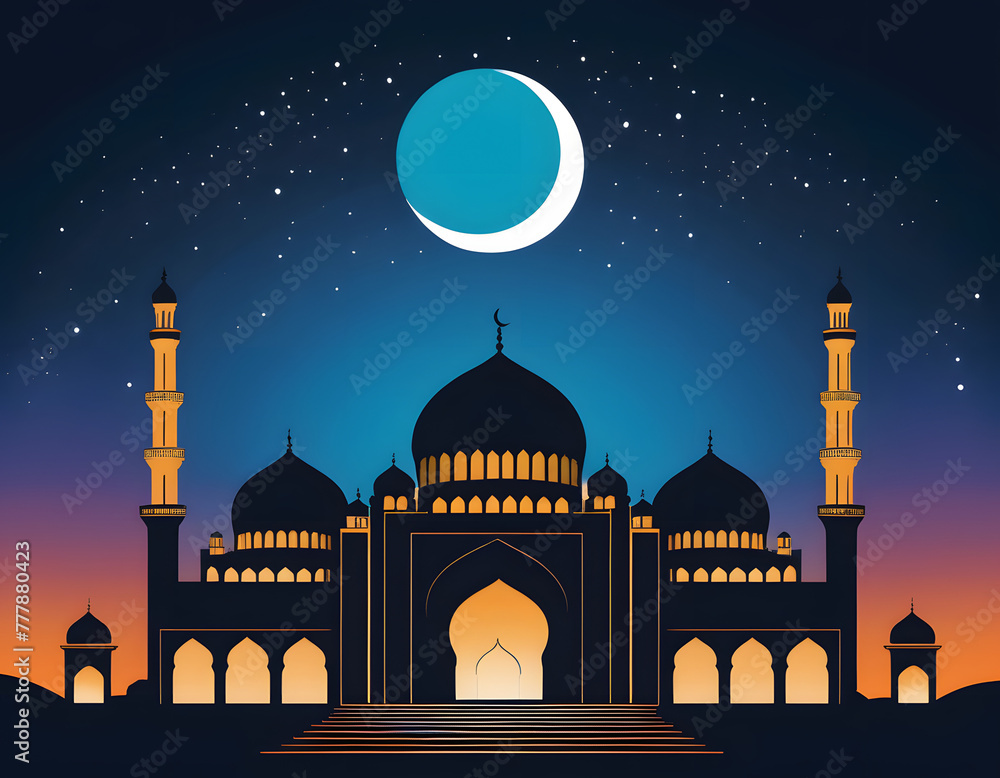 An awe-inspiring Turkish-style Grand Mosque stands majestically beneath the resplendent Ramadan night sky, adorned with the breathtaking sight of a crescent moon ililustration