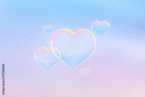 Cute Kawaii Hearts Soap Bubbles on the Pastel Sky photo