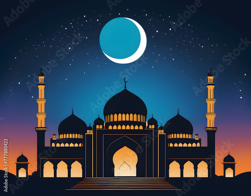 An awe-inspiring Turkish-style Grand Mosque stands majestically beneath the resplendent Ramadan night sky, adorned with the breathtaking sight of a crescent moon ililustration