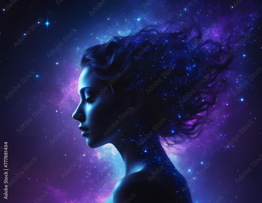 mindfulness meditation illustrated through a serene young woman in deep meditation, embodying the principles of yoga and unwavering concentration, combination of woman and galaxy mindfulness meditation illustrated through a serene young woman in deep meditation, embodying the principles of yoga and unwavering concentration, combination of woman and galaxy