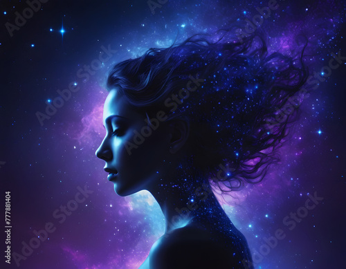 mindfulness meditation illustrated through a serene young woman in deep meditation, embodying the principles of yoga and unwavering concentration, combination of woman and galaxy