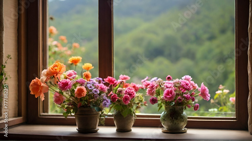 Window with beautiful spring tulips flowers garden.generative.ai #777882251