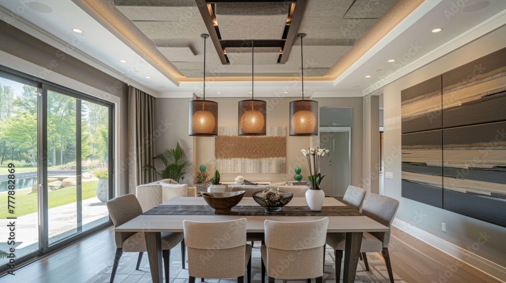 A modern dining room is transformed into an elegant setting with the addition of Acoustic Artistry panels. Three panels each showcasing a different natureinspired design are suspended . A modern dining room is transformed into an elegant setting with the addition of Acoustic Artistry panels. Three panels each showcasing a different natureinspired design are suspended .