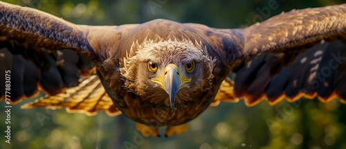 Extreme close up of brown eagle head. eagle flying on natural green background with bokeh