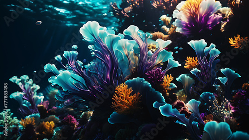 Imagine an abstract background inspired by underwater worlds, featuring fluid shapes, iridescent colors, and organic forms that capture the beauty and tranquility of the ocean depths