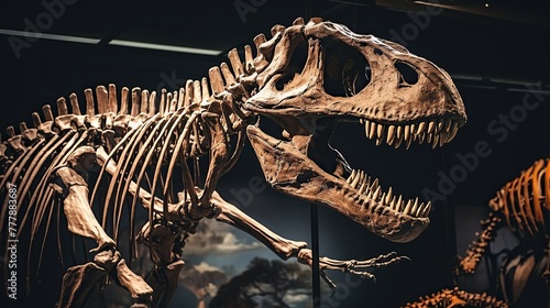 portrait of an old dinosaur skeleton in a dark museum with lamp light © Fajar