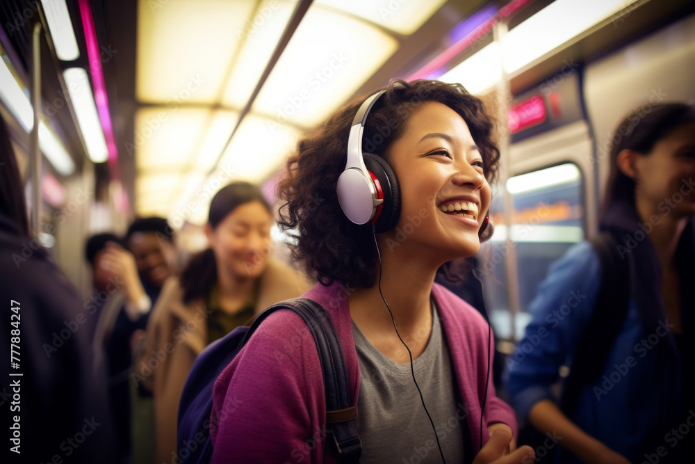 Enjoy music bliss as a smiling woman selects tracks on her cellphone, lost in the melody with headphones, a portrait of relaxation against a vibrant Tube Train backdrop. Generative AI. Enjoy music bliss as a smiling woman selects tracks on her cellphone, lost in the melody with headphones, a portrait of relaxation against a vibrant Tube Train backdrop. Generative AI.