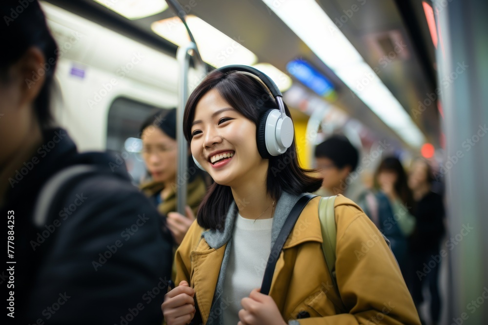 Enjoy music bliss as a smiling woman selects tracks on her cellphone, lost in the melody with headphones, a portrait of relaxation against a vibrant Tube Train backdrop. Generative AI. Enjoy music bliss as a smiling woman selects tracks on her cellphone, lost in the melody with headphones, a portrait of relaxation against a vibrant Tube Train backdrop. Generative AI.