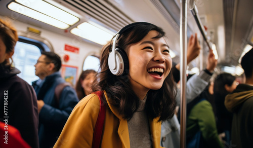 Enjoy music bliss as a smiling woman selects tracks on her cellphone, lost in the melody with headphones, a portrait of relaxation against a vibrant Tube Train backdrop. Generative AI. photo