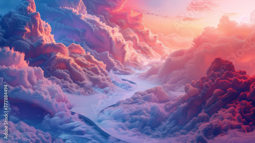 Surreal landscape of fluffy pink clouds over a snowy mountain valley with a tranquil river