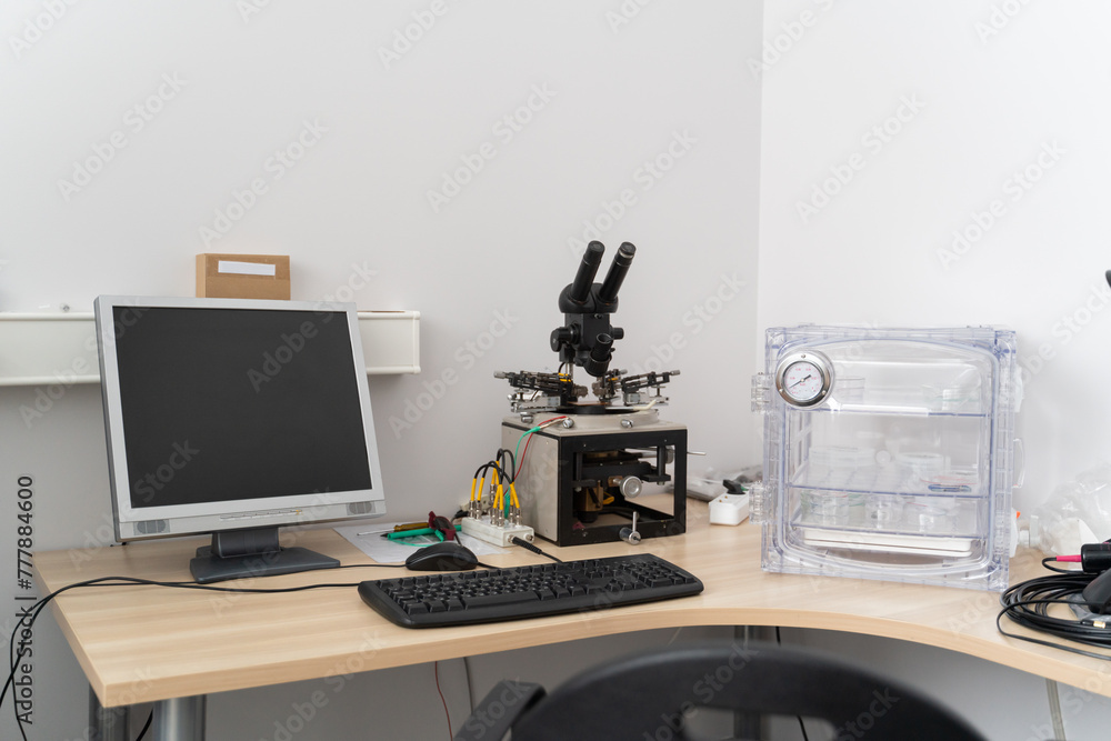 Desk With Computer And Microscope Desk With Computer And Microscope