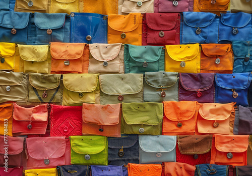 Colorful background photo of rows of pockets with flap closures. photo