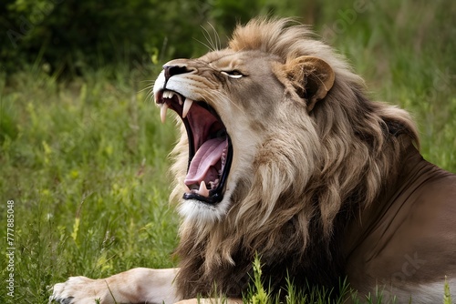 African lion roaring with majestic power, mouth wide in fierce display
