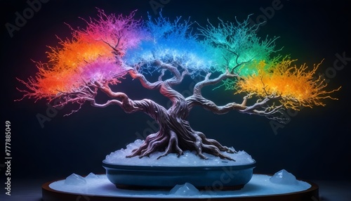 An ice bonsai in a parallel universe, adorned with brilliant incandescent colors, with lightning bolts around it. photo