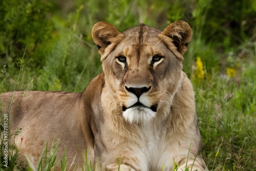 Alert lioness stares majestically in the wilderness area photograph