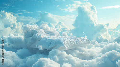 Dreamy scene of a bed floating on clouds, a serene invitation to slumber