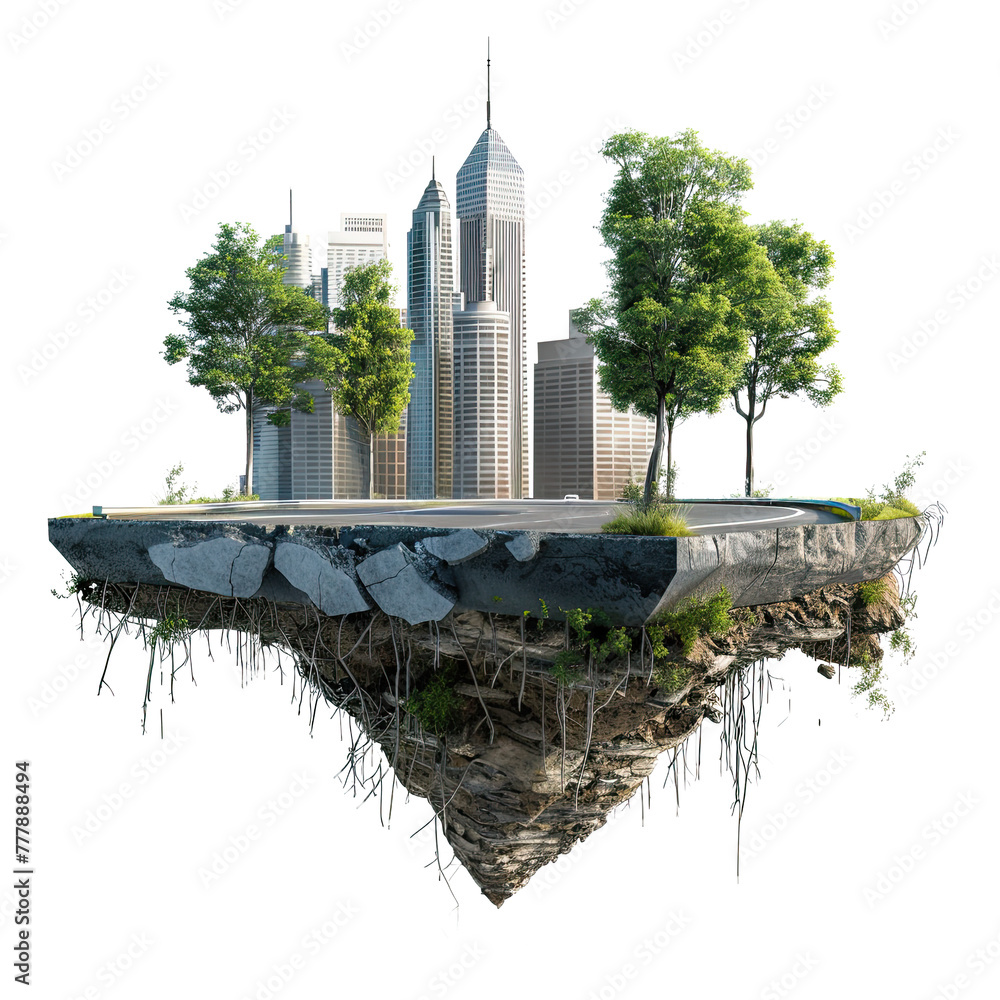 3d illustration modern apartment condominium building floating with beautiful landscape on the patch of land, eco friendly concept, isolated on white background, png - obrazy, fototapety, plakaty 