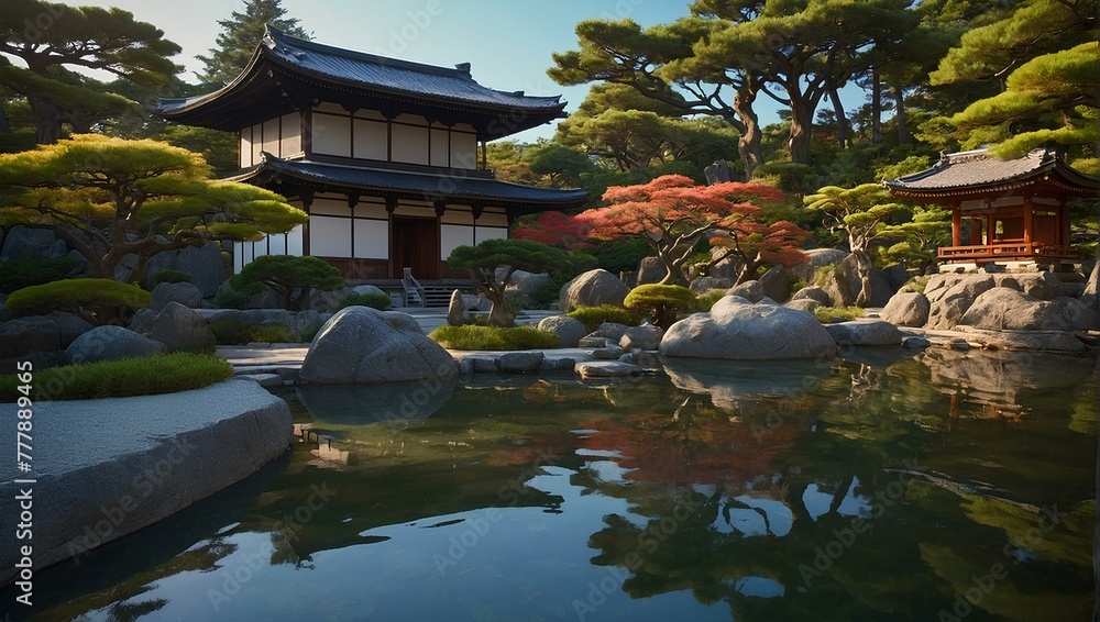 Fototapeta premium A clear pond surrounded by trees and rocks with a Japanese temple