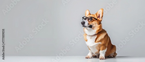 Adorable cute Welsh Corgi Pembroke wearing glasses sitting on white background and looking at side. Most popular breed of Dog photo