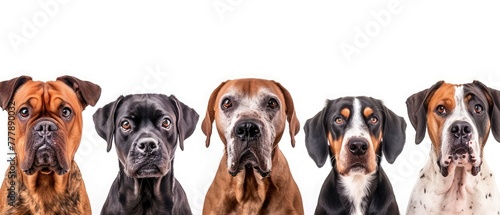 Art collage made of funny dogs different breeds posing isolated over white studio background. Concept of motion, action, pets love, animal life. Look happy, delighted. Copyspace for ad, flyer.