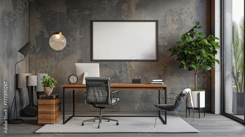 Mockup poster frame in modern home office interior background, 3d render