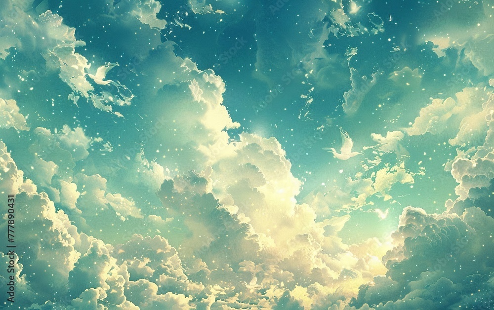 Vibrant and whimsical watercolor illustration background of colorful clouds and sky. - obrazy, fototapety, plakaty 