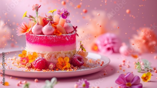 A pink cake with pink frosting and pink flowers on top