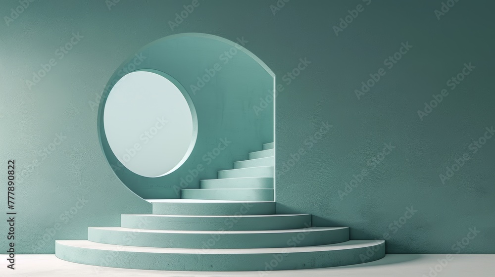 Obraz premium A green room with a white staircase leading up to a window. The staircase is made of white marble and is very tall