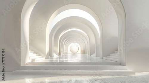 A long, narrow hallway with white walls and white steps leading up to a large white sphere. The space is empty and the only light source is coming from the sun