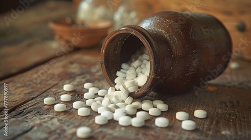 Bottle Filled With White Pills on Wooden Table