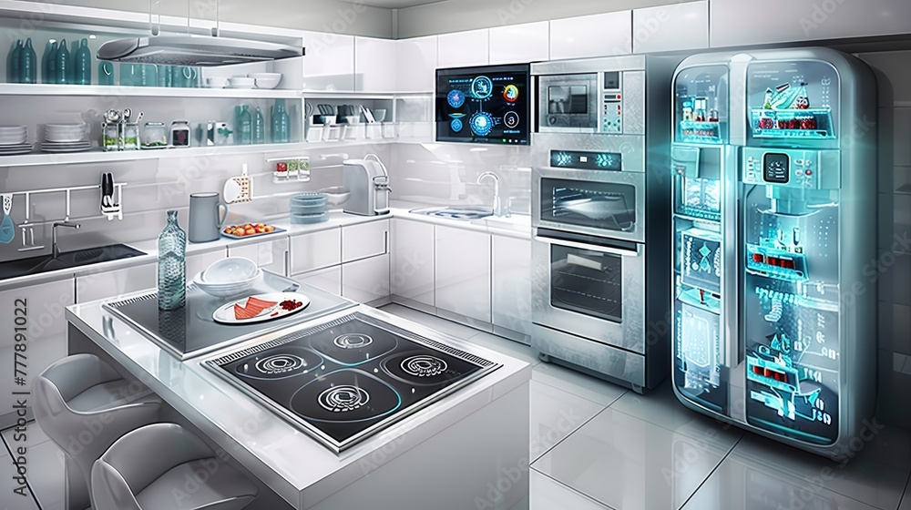A futuristic kitchen with a refrigerator that has a screen on it. The kitchen is very clean and organized A futuristic kitchen with a refrigerator that has a screen on it. The kitchen is very clean and organized
