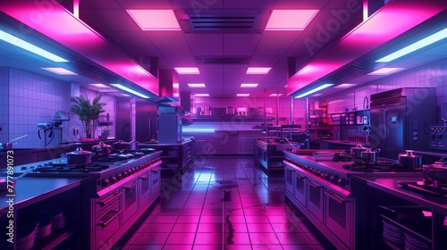 A neon kitchen with bright lights and a neon green plant. The kitchen is full of appliances and utensils, including a refrigerator, oven, and sink. The atmosphere is energetic and lively