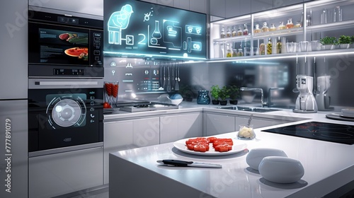 A kitchen with a digital screen on the wall that shows a person and a pizza. The kitchen is modern and has a futuristic feel to it