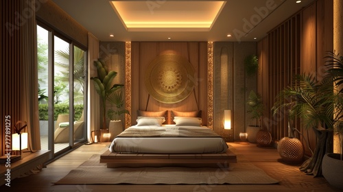 A bedroom with a wooden floor and a bed with a white sheet. The room has a modern and minimalist design with a few plants and lamps. The mood of the room is calm and relaxing