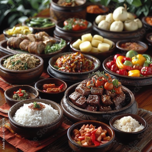 A table full of food with a variety of dishes including rice, meat, and vegetables. Scene is inviting and warm, as it seems like a gathering of friends or family sharing a meal together