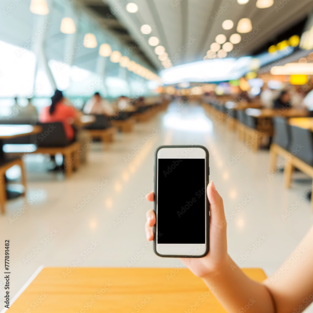 Obraz premium Woman Using Smartphone in Airport Cafe