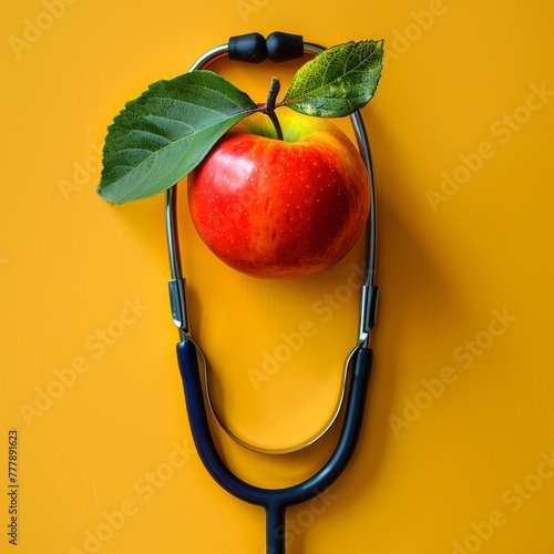 Apple and Stethoscope on Yellow Background