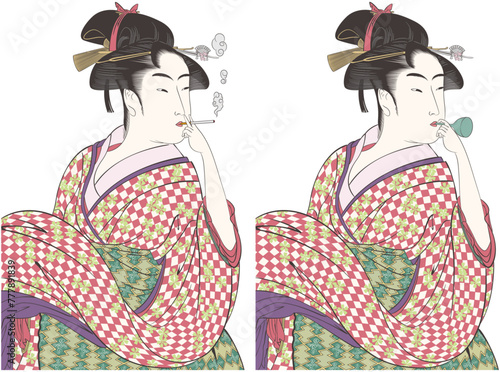 浮世絵　喜多川歌麿のビードロを吹く女とタバコを吸う女のイメージイラスト