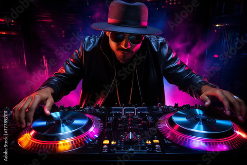 DJ plays of energetic and rhythmic music in dynamic and futuristic atmosphere with neon lights