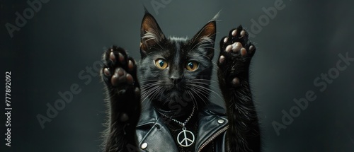 cat with peace fingers in black leather