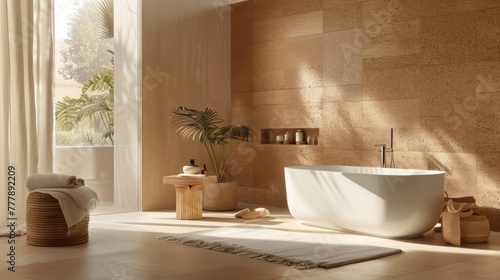 A serene spalike bathroom with light natural cork flooring and earthy textured cork wall panels. The walls feature a unique gradient pattern adding a subtle touch of luxury to the .