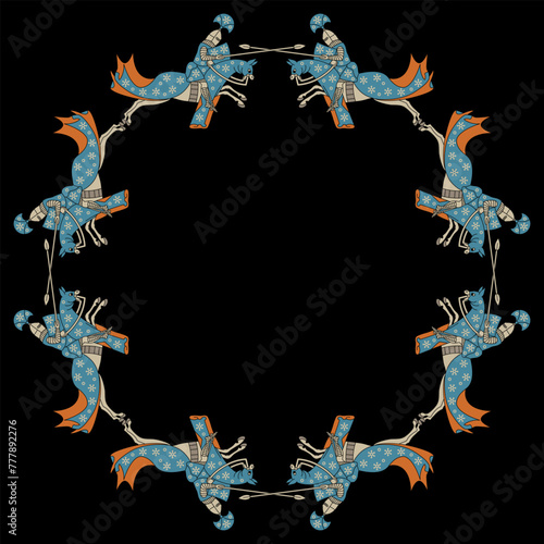 Round frame with medieval knights riding horses. On black background. 