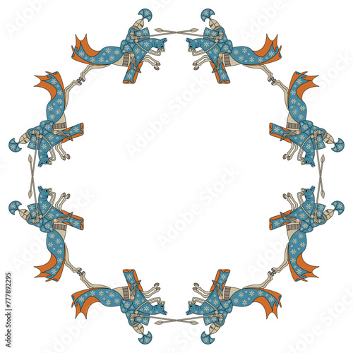 Round frame with medieval knights riding horses. Isolated vector illustration. 