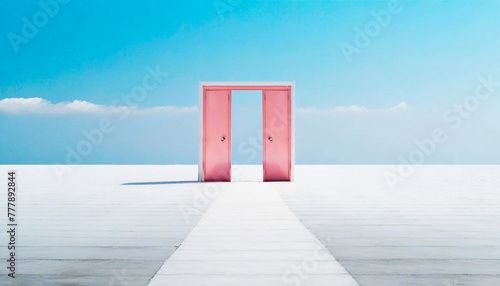 水平線まで続く白い床と青い空の中にピンク色の扉が一つ立っているイメージ素材 生成AI