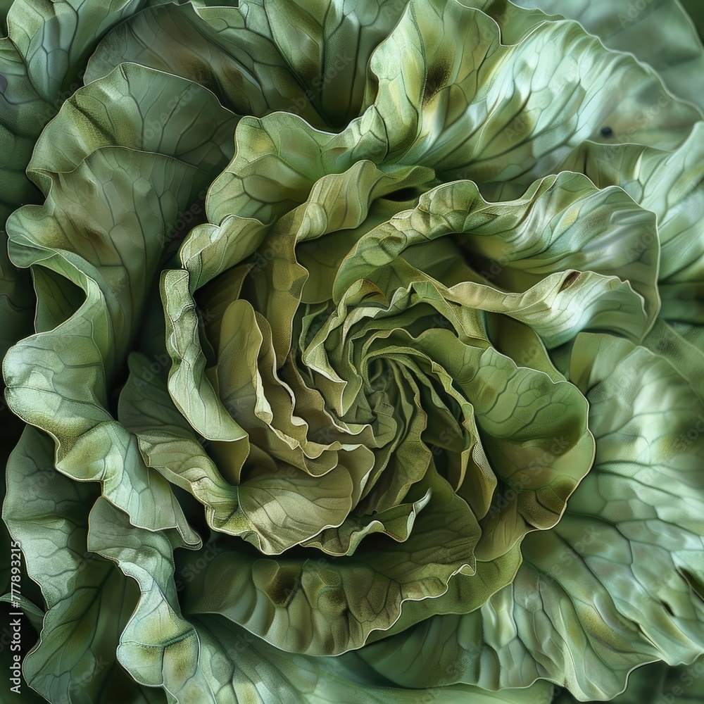 Fototapeta premium Macro view of an artichoke heart emphasizing the layered patterns and soft green hues