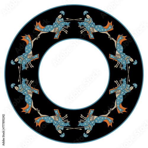 Round frame with medieval knights riding horses in a ring. On black background. 